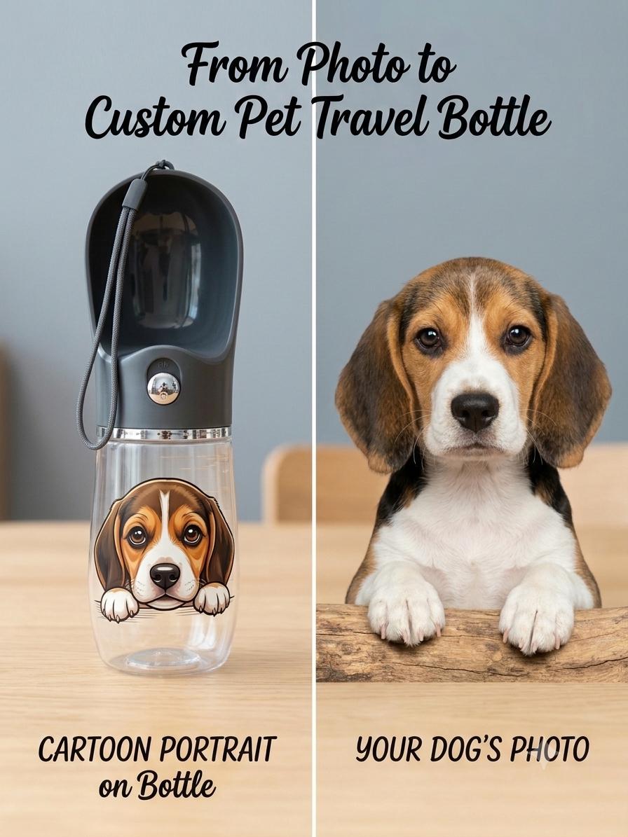 Custom Dog Water Bottle, Personalized Portable Pet Travel Dispenser, Cartoon Portrait From Photo