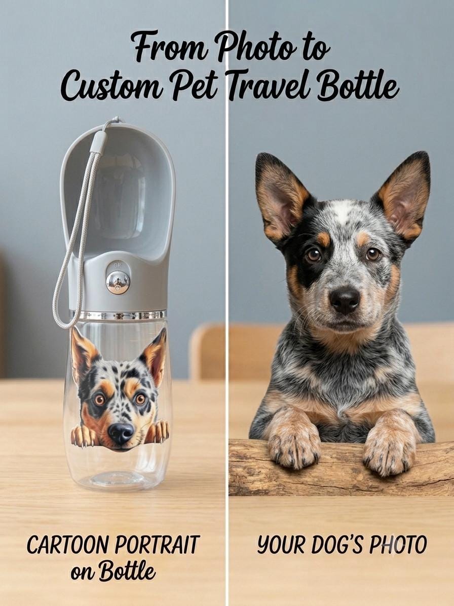 Custom Dog Water Bottle, Personalized Portable Pet Travel Dispenser, Cartoon Portrait From Photo