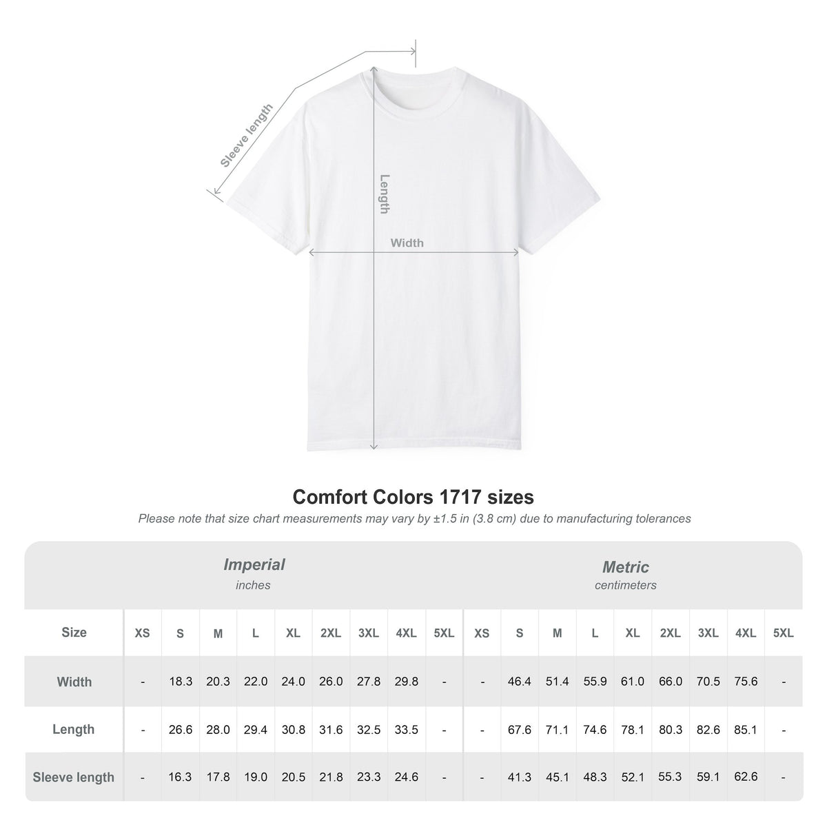 Comfort Colors 1717 shirt measurements in inches and centimeters, with diagrams showing width, length, and sleeve length