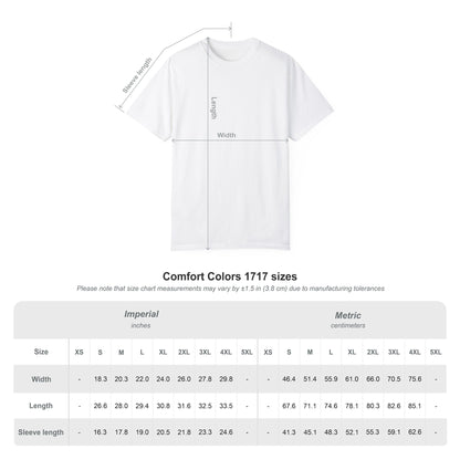 Comfort Colors 1717 shirt measurements in inches and centimeters, with diagrams showing width, length, and sleeve length