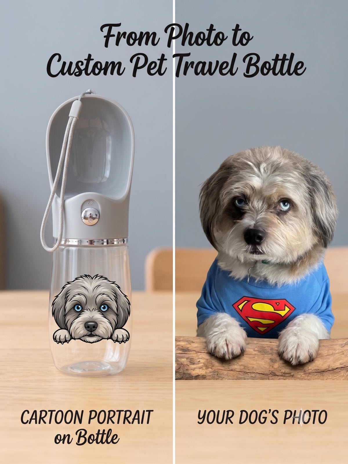 Custom Dog Water Bottle, Personalized Portable Pet Travel Dispenser, Cartoon Portrait From Photo