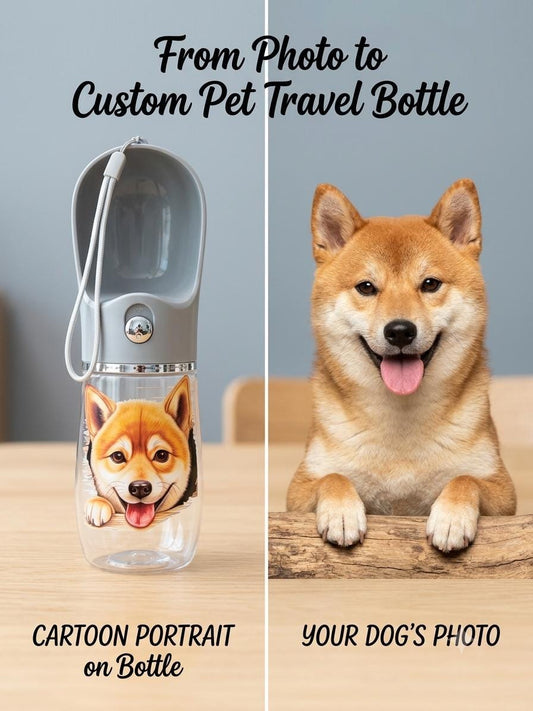 Custom Dog Water Bottle, Personalized Portable Pet Travel Dispenser, Cartoon Portrait From Photo