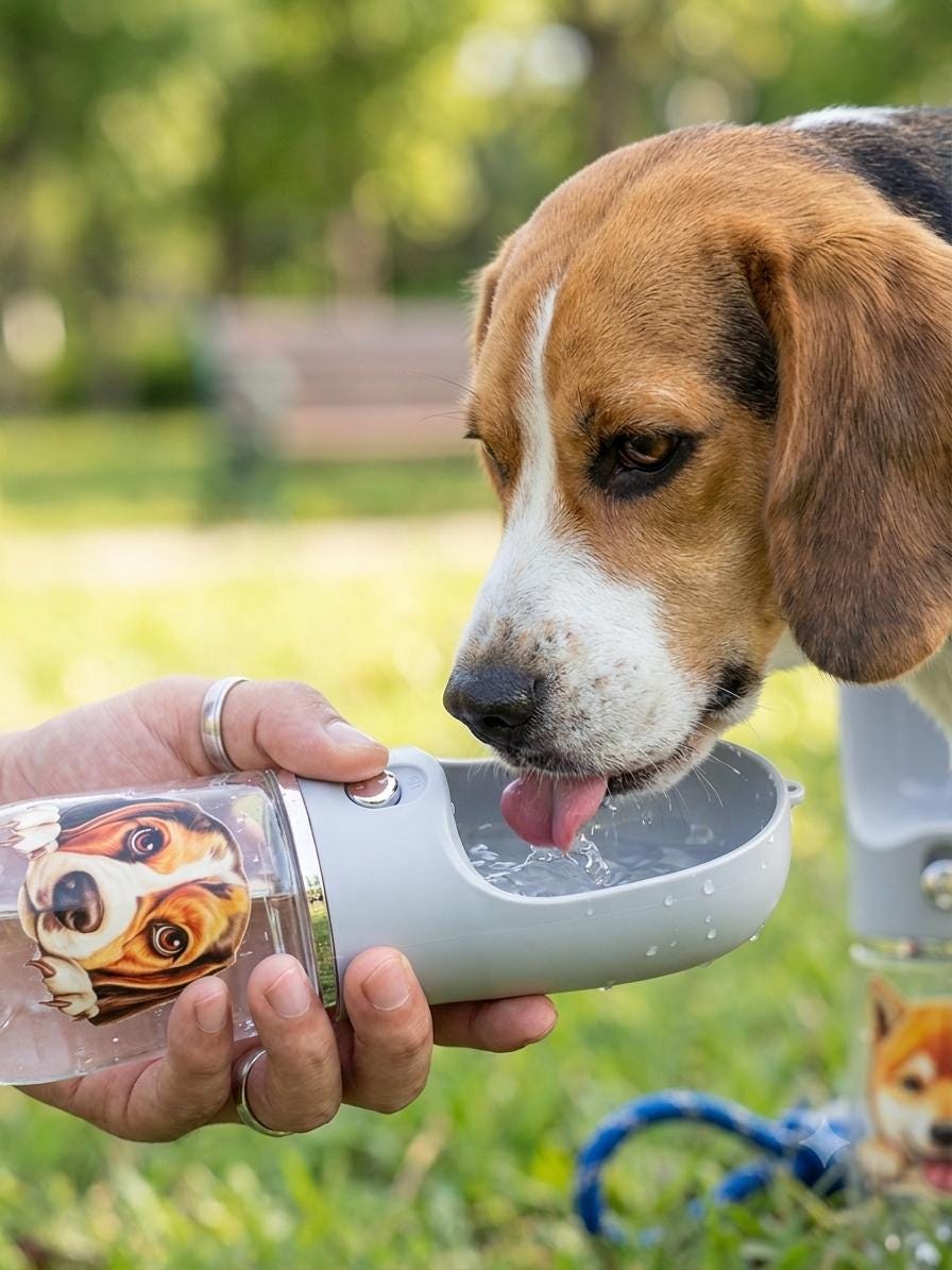 Custom Dog Water Bottle, Personalized Portable Pet Travel Dispenser, Cartoon Portrait From Photo